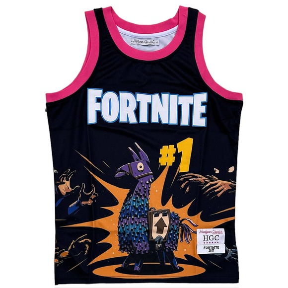 Fortnite Men's Headgear Classics Embroidered Basketball Jersey in Black/Pink - Picture 1 of 2